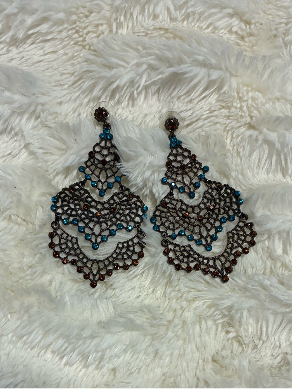 Blue and Brown Filigree Drop Earrings - Women Jewelry